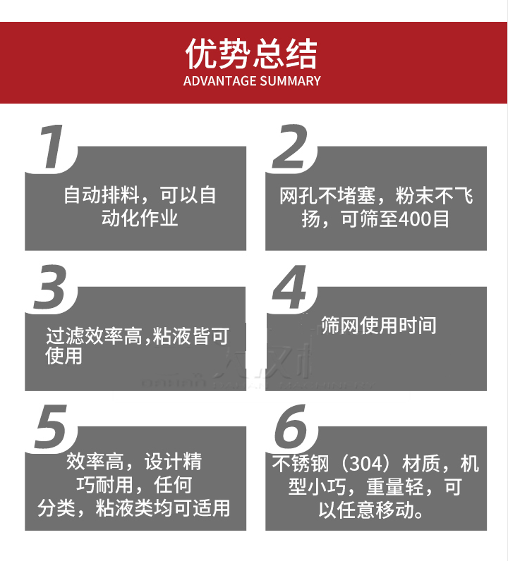 過濾篩優勢總結：1，自動排料，可以自動化作用。2，網孔不堵塞，粉塵不飛揚，可篩至400目。3，過濾效率高，任何粒，粉，粘液也可使用。4，篩網設計大大提高了篩網使用時間，也魏換網提高了方便。5，效率高，設計精巧耐用，任何分類設計精巧耐用，任何分類，粘液類均可適用。6，不銹鋼材質機型小巧，重量輕，可以任意移動。