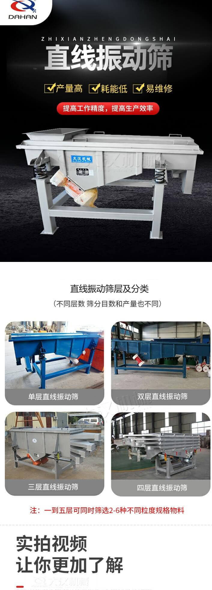 直線振動篩概述，產(chǎn)量高，耗能低，易維修，提高工作精度，提高生產(chǎn)效率，直線振動篩層級分類：不同層數(shù)，篩分目數(shù)和產(chǎn)量也不同：單層，雙層，三層，四層等。