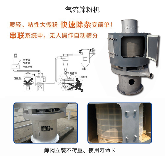 氣流篩粉機(jī)適用：質(zhì)輕，粘性大微粉采用串聯(lián)系統(tǒng)重，無(wú)人操作自動(dòng)篩分 特點(diǎn)：篩網(wǎng)立裝不負(fù)重，使用壽命長(zhǎng)。