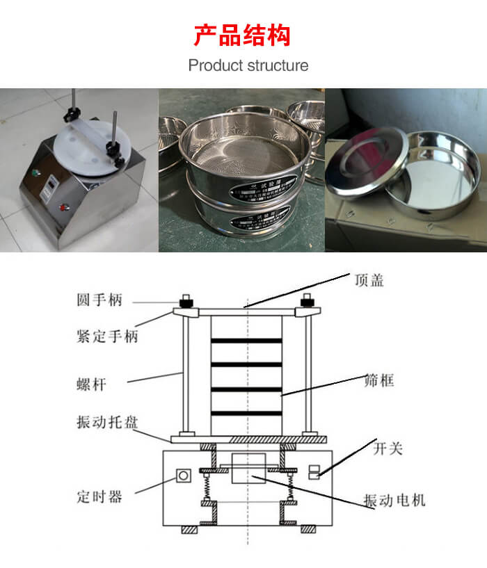 實(shí)驗(yàn)室振動篩-試驗(yàn)篩結(jié)構(gòu)主要由：圓手柄，緊定手柄，螺桿，振動托盤，篩框，頂蓋等。
